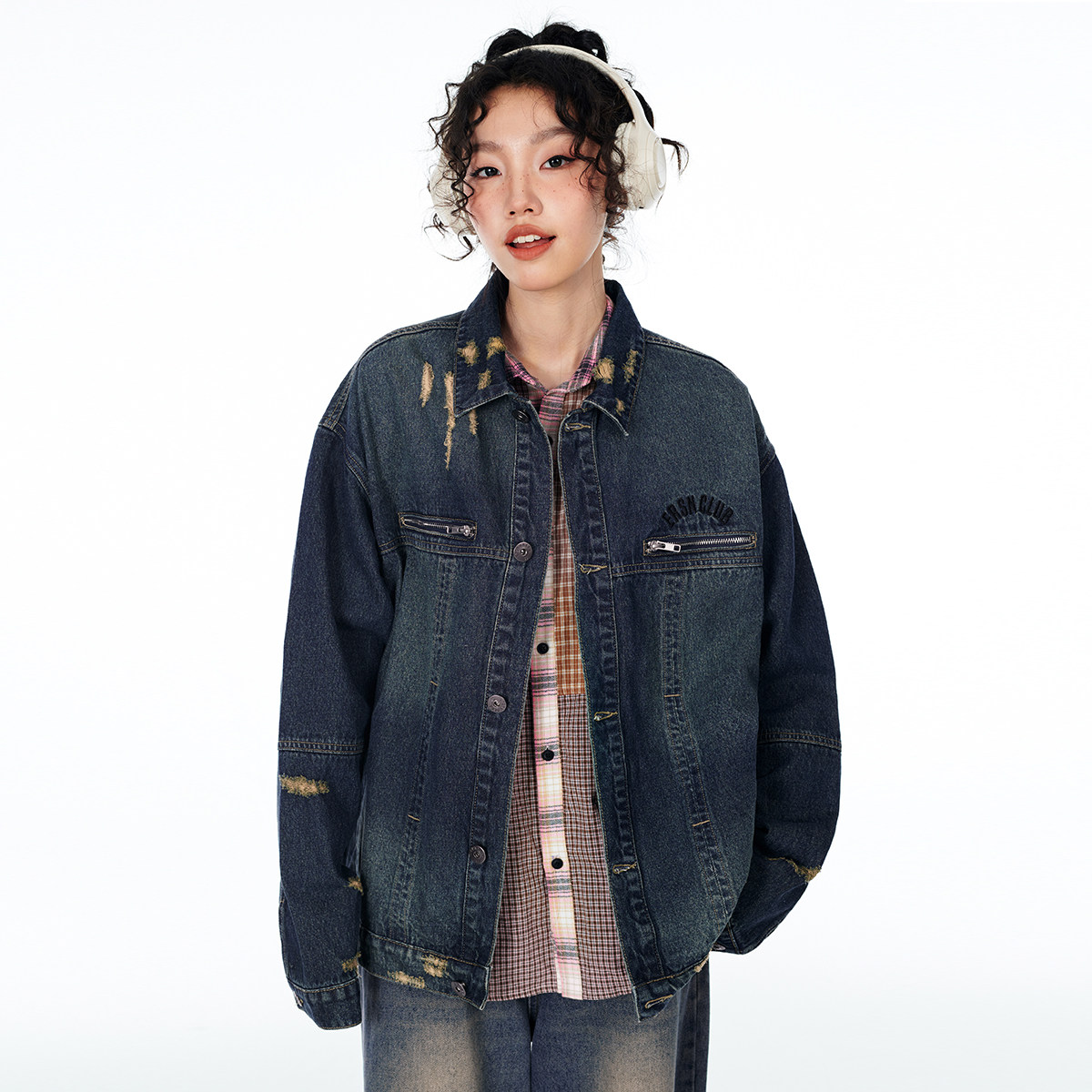Ersn 美式复古牛仔夹克上衣秋季宽松破洞做旧翻领外套男女同款
