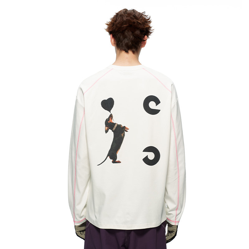 ERSN 腊肠小狗撞色印花长袖T恤男春季潮牌情侣圆领户外运动上衣,男装,T恤,淘宝优惠券,粉丝福利购,淘宝优惠卷