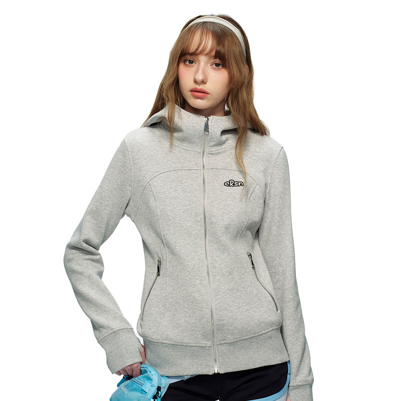 ERSN 户外纯色休闲修身连帽卫衣女灰色拉链开衫上衣情侣运动外套