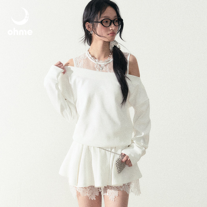 OHME“甜月亮布蕾”蕾丝拼接一字肩上衣半身短裙百褶裙套装两件套