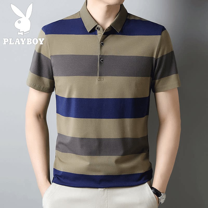 PLAYBOY花花公子条纹翻领POLO衫男短袖纯棉商务休闲T恤