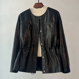 简约气质优雅头层全植鞣绵羊皮短外套收腰真皮皮衣女春款知性百搭