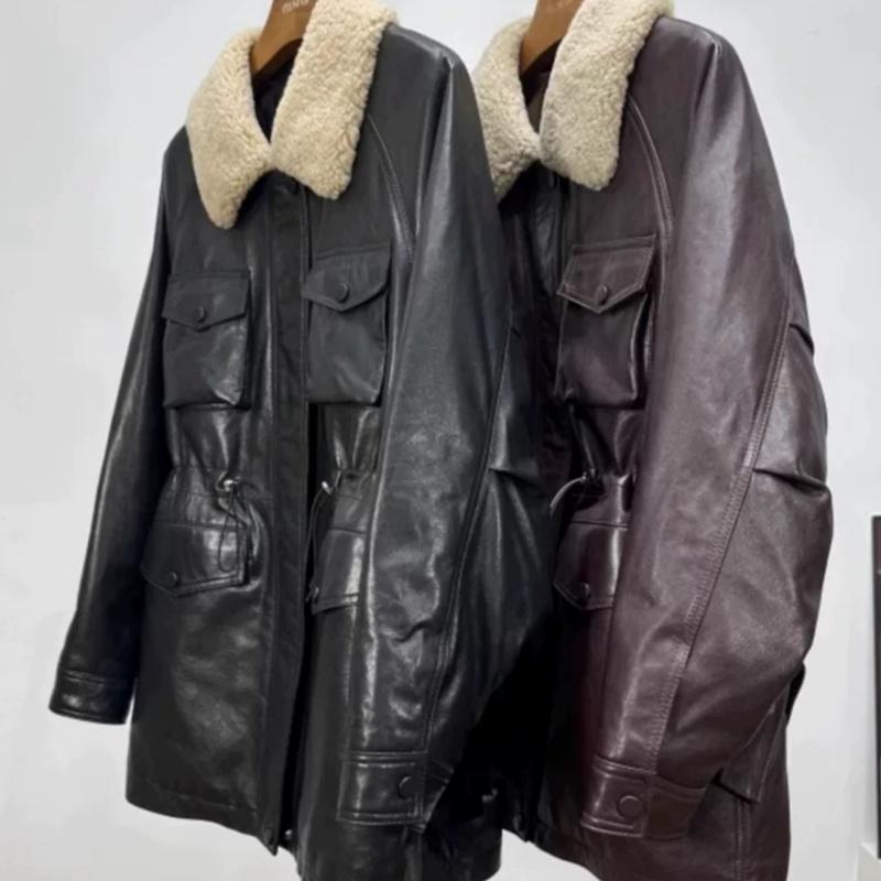 欧货中长款绵羊皮羽绒服女阔版冬新款羊羔毛领收腰时尚鹅绒厚外套