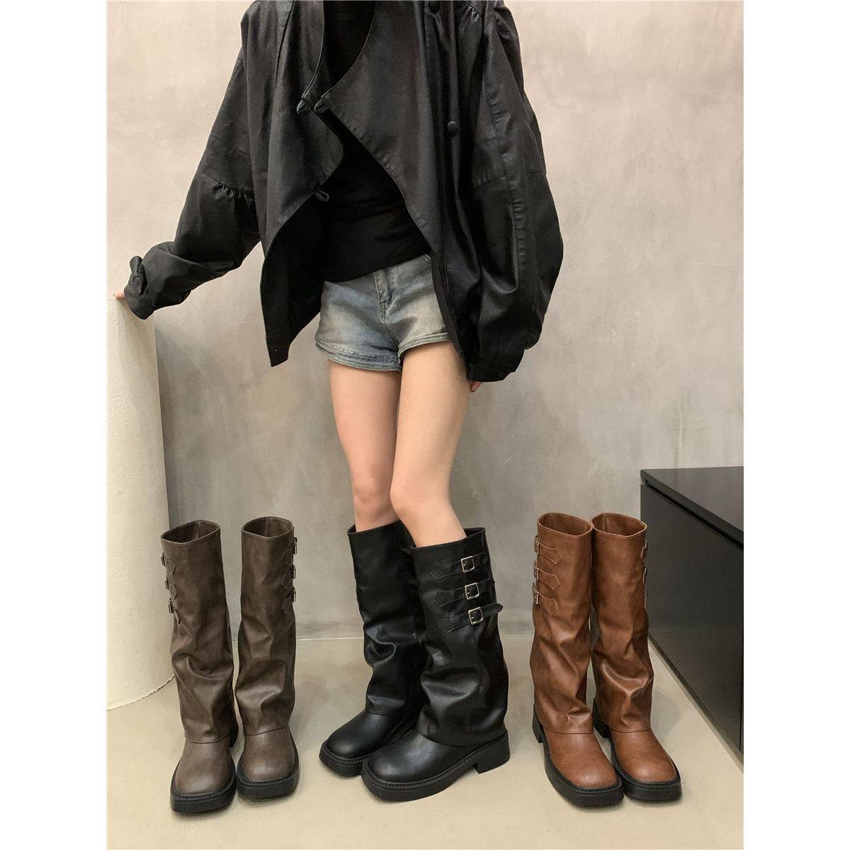 厚底复古裤管长筒骑士靴女鞋2025新款秋冬季棕色堆堆靴中筒长靴子,女鞋,骑士靴,淘宝优惠券,粉丝福利购,淘宝优惠卷