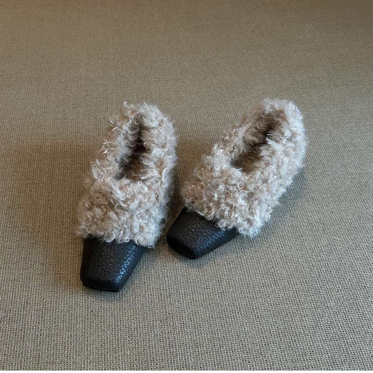 2025年新款秋冬新款方头一脚蹬毛毛鞋内增高单鞋女粗跟