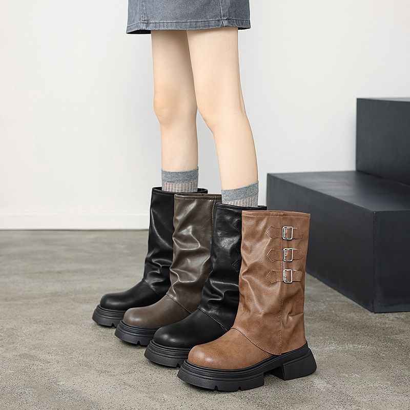厚底复古裤管长筒骑士靴女鞋2025新款秋冬季棕色堆堆靴中筒长靴子