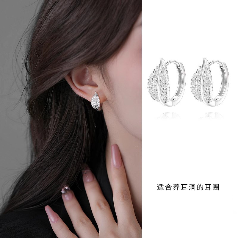 925纯银满钻树叶耳环女小众设计轻奢高级感耳圈耳扣百搭耳钉耳饰