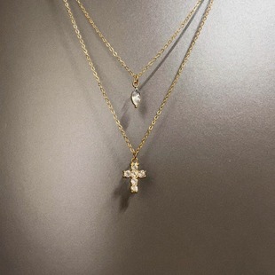 Vintage古着十字架项链女2026新款轻奢小众双层叠戴水滴锁骨颈链