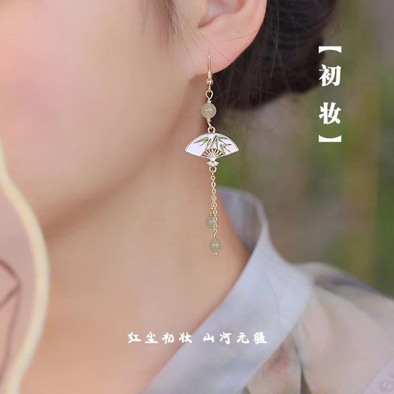 新中式国风折扇耳环女小众设计高级感耳坠长款流苏耳饰古风民族风
