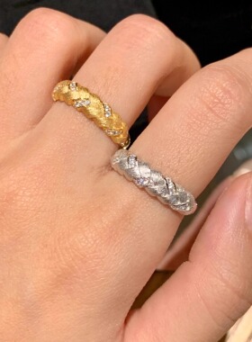 轻奢中古风黄金色点钻麦穗拉丝编织麻花戒指女小众设计复古食指戒