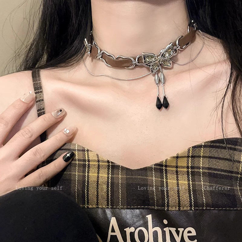 重工水晶蝴蝶choker锁骨项链甜酷辣妹风项圈女颈带美拉德脖子配饰