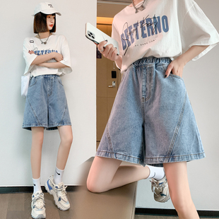 新款 女宽松显瘦大码 2022夏季 胖mm松紧腰牛仔短裤 女装 高腰阔腿热裤