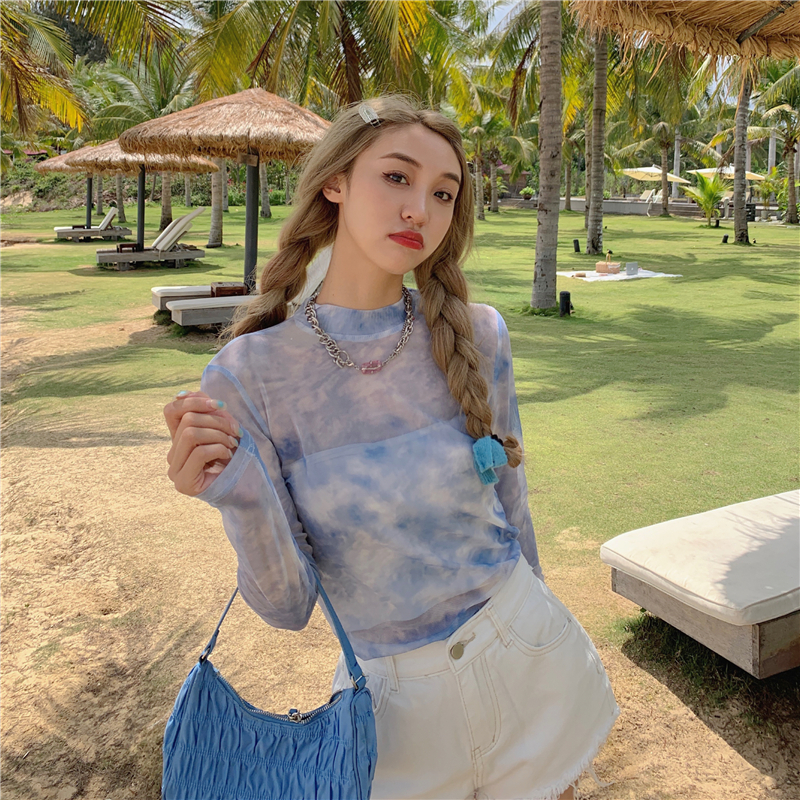 Real price ~ summer new products with sunscreen clothing tie dyed mesh thin long sleeve bottomed T-shirt