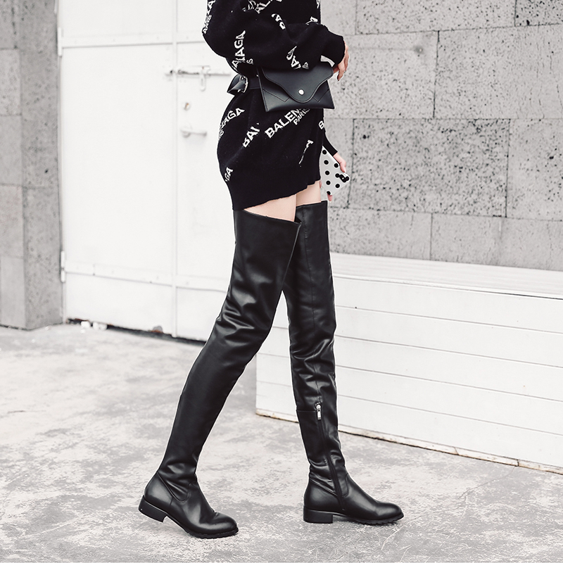 超长大腿靴平底过膝长靴女全牛皮