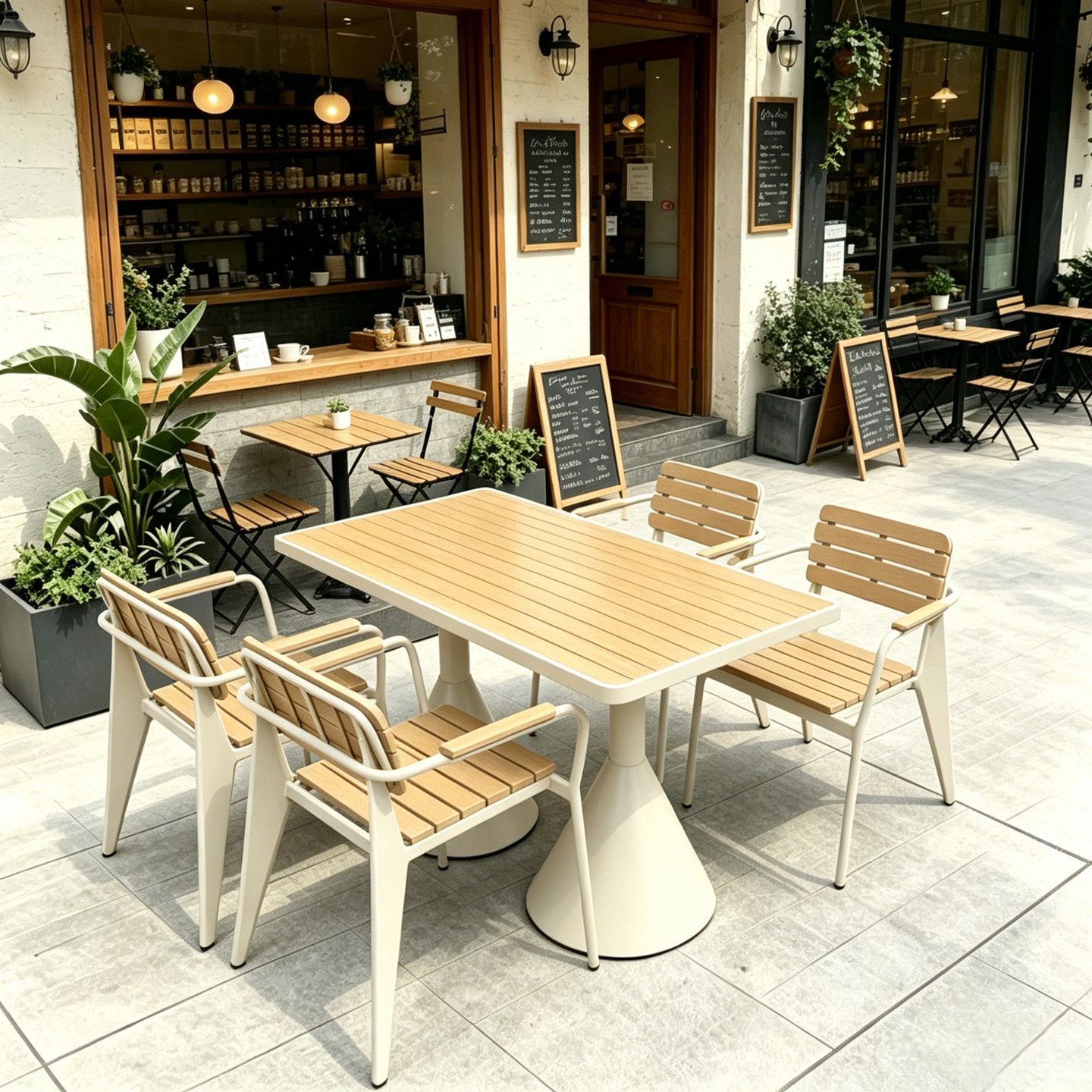 户外露天防晒休闲奶茶店咖啡厅长方桌音乐酒吧休息区塑木桌椅组合