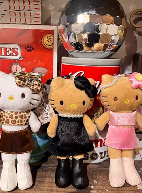 辣妹新款豹纹黑皮hellokitty长腿挂件kt猫废土风背包钥匙扣挂饰