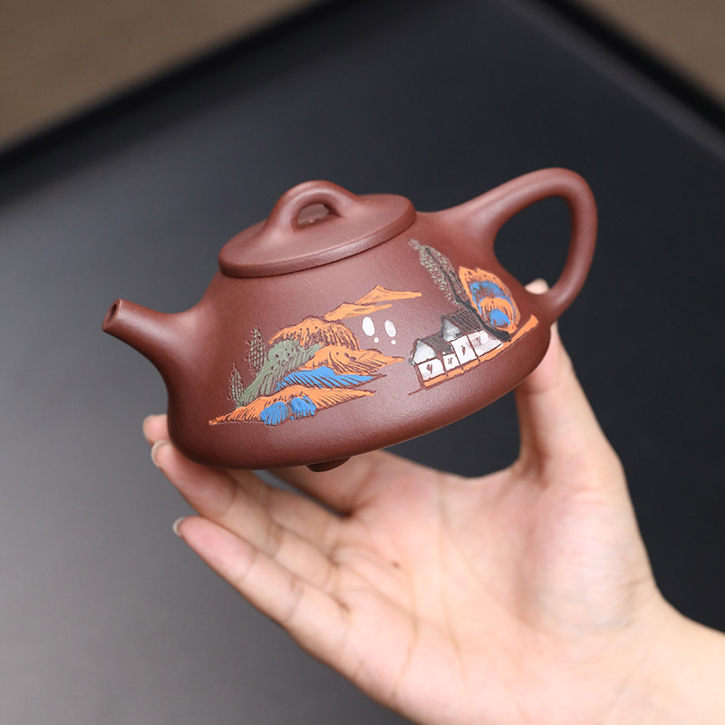 宜兴原矿红泥泥绘石瓢紫砂壶