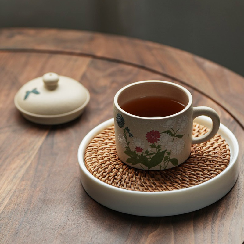 宜兴手工紫砂杯段泥向日葵盖杯