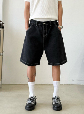 BurnBro美式复古水洗牛仔短裤男女休闲宽松百搭五分裤阔腿中裤子