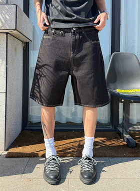 BurnBro美式复古水洗原牛阔腿牛仔短裤男宽松百搭显瘦休闲五分裤