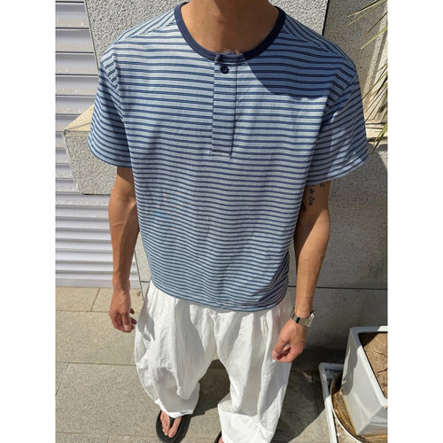 美式复古撞色条纹亨利领短袖