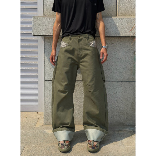 美式复古军绿水洗工装裤男女