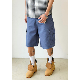 BurnBro美式复古法蓝水洗工装短裤男女宽松直筒vintage五分裤夏季