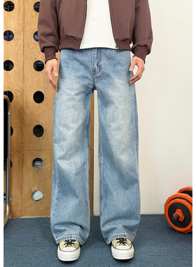 BurnBro美式复古水洗蓝vintag牛仔裤男宽松阔腿cleanfit休闲长裤