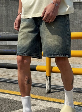 BurnBro美式复古直筒百搭牛仔短裤男夏季显瘦休闲五分裤cleanfit