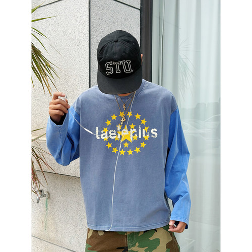 水洗做旧撞色拼接宽松长袖t恤