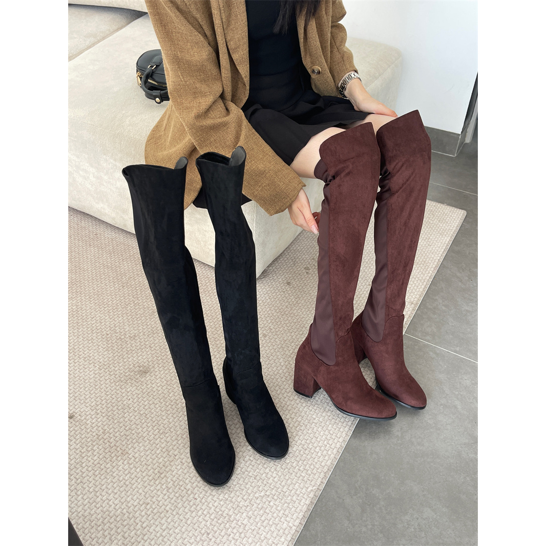 过膝长靴女靴子春秋高跟圆头长筒