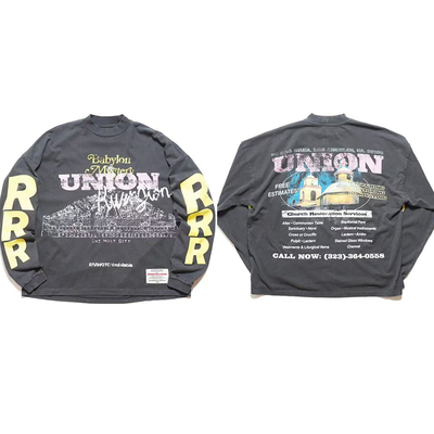 RRR123联名UNION水洗做旧复古印花高街潮牌嘻哈宽松圆领长袖T恤男