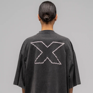 032C复古X数字字母印花水洗做旧小众潮牌宽松休闲夏季 T恤 圆领短袖