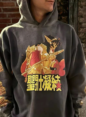 Saint Michael恶搞圣斗士印花水洗做旧VINTAGE宽松帽衫套头卫衣潮