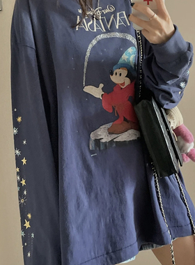 Saint Michael联名款魔法米奇米老鼠印花复古做旧手工破坏长袖T恤