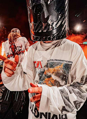 RRR123 RITICAL PROXIMITY水洗空难涂鸦系列水洗复古圆领长袖T恤