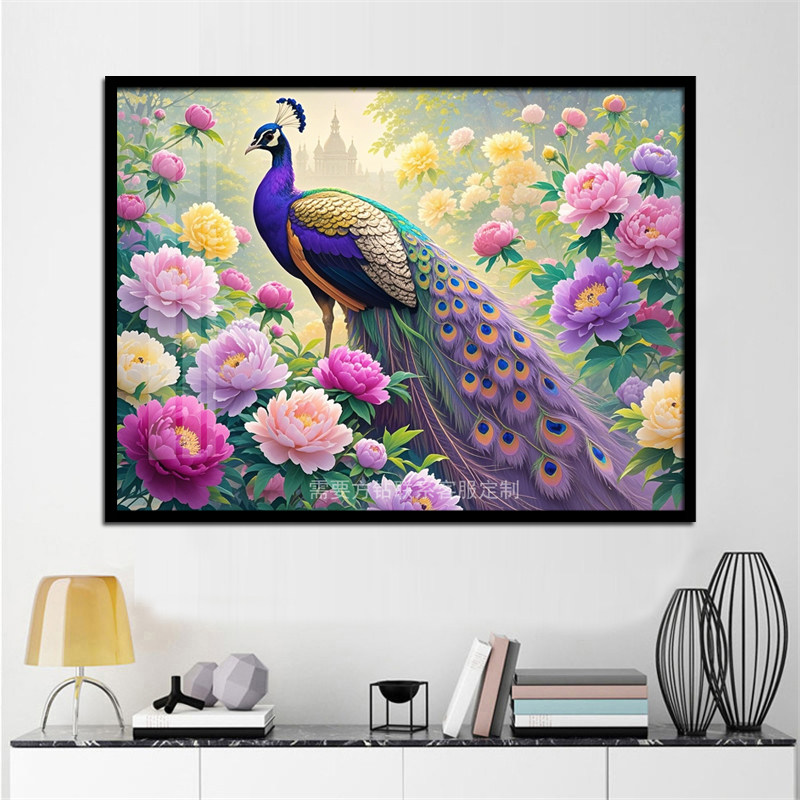 花开富贵孔雀牡丹钻石画中式贴钻十字绣客厅卧室2024新款钻石绣