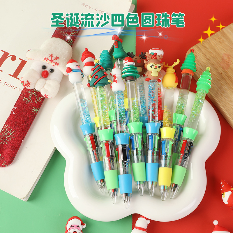 新款流沙四色笔圣诞节老人多色圆珠笔彩色按动笔学生用品自主Ep3