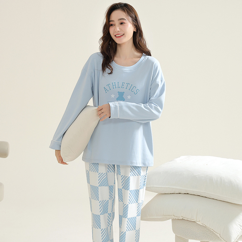 睡衣女士春秋季纯棉长袖长裤家居服休闲大码可外穿套装全棉简约