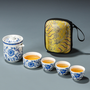 户外露营便携快客杯缠枝莲一壶四杯 青花玲珑羊脂玉瓷旅行茶具套装