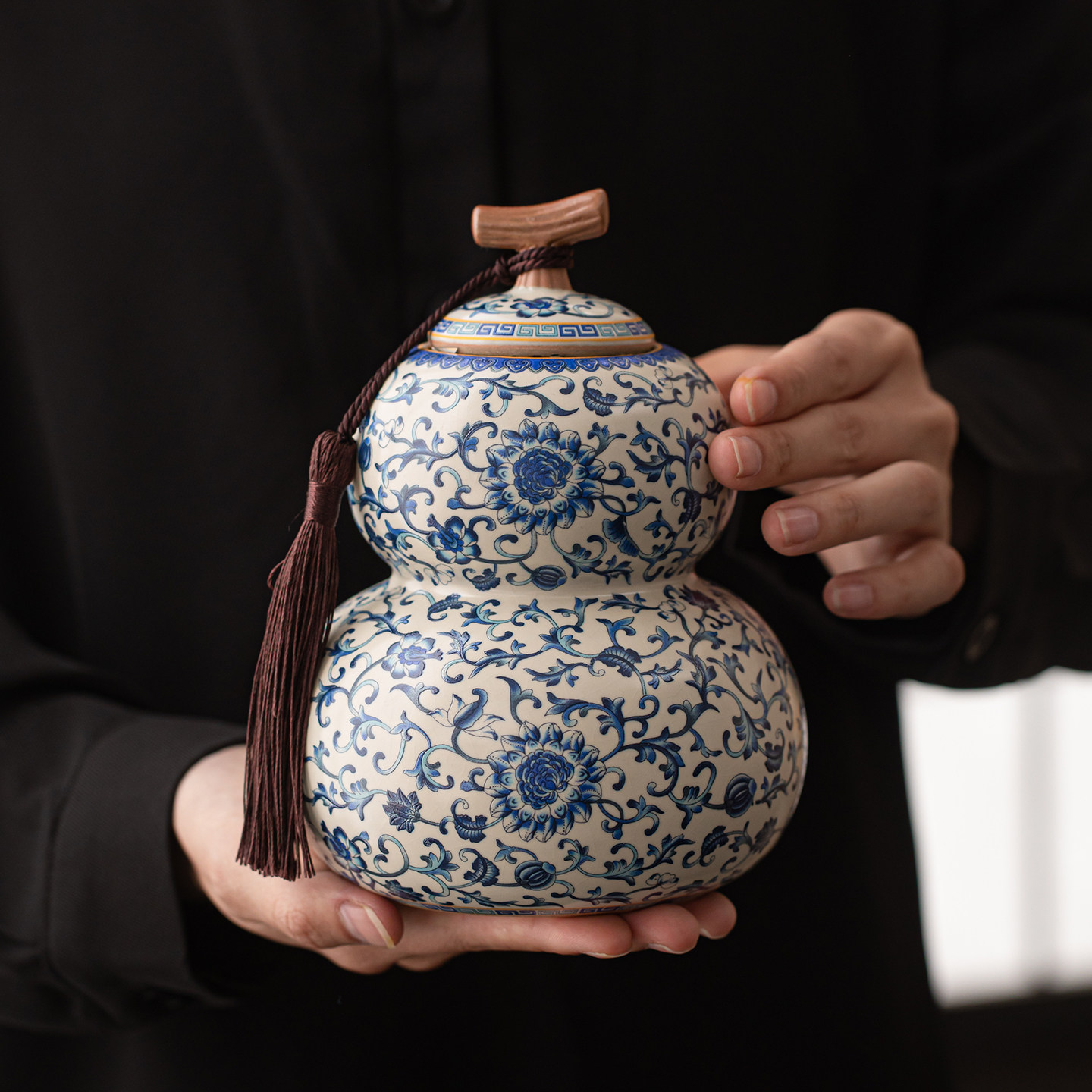 米黄缠枝莲汝窑葫芦陶瓷茶叶罐高档绿普洱茶防潮罐中式密封储存罐