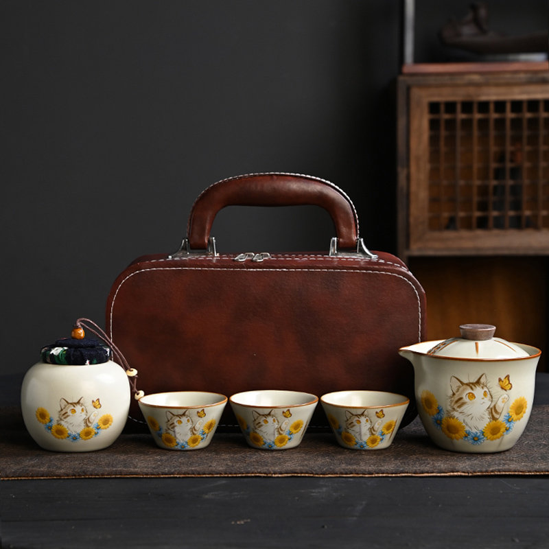 米黄萌猫汝窑手抓壶旅行茶具套装