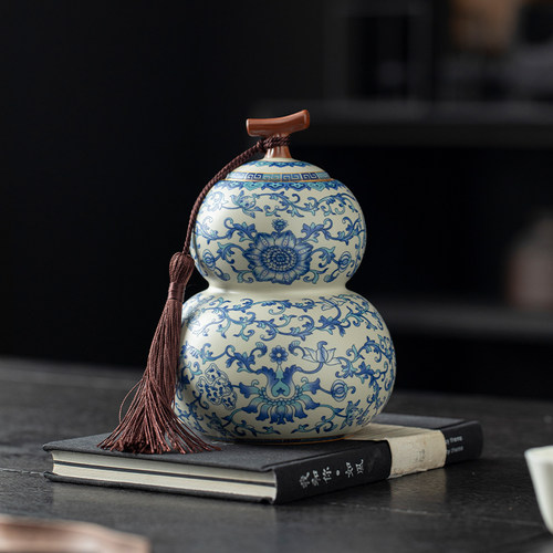 青花汝窑葫芦茶叶罐普洱茶防潮罐