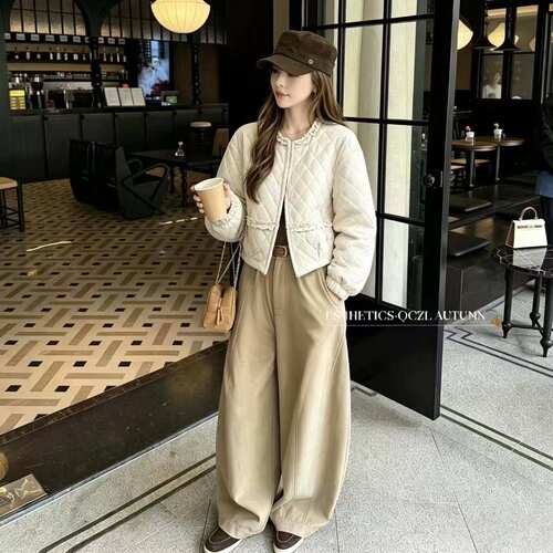 高端欧货2026年冬装新款圆领木耳边丝绒菱格棉服棉衣短外套女上衣