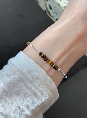 月光女神 925纯银虎眼石细管串珠手链女韩版简约手工穿制设计百搭