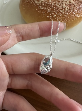 月光女神 不规则陨石项链925纯银简约时髦个性水滴型蓝色锁骨链