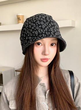 美式复古辣妹豹纹堆堆帽女秋冬潮流时尚宽松套头帽显脸小包头帽子