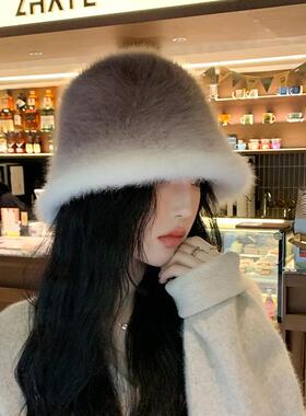 韩版秋冬渐变色兔毛帽子女高级感冬季保暖盆帽网红显脸小水桶帽潮