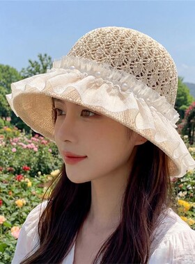 蕾丝针织遮阳渔夫帽女士夏季沙滩度假显脸小气质盆帽防晒透气帽子