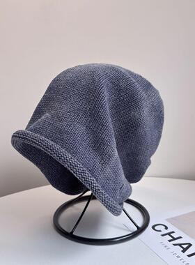 韩系针织冷帽女秋冬显脸小堆堆帽纯色百搭毛线帽护耳保暖帽子男潮
